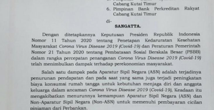 Bupati Kutai Timur Minta Perbankan Tangguhkan Pemotongan Pinjaman ASN